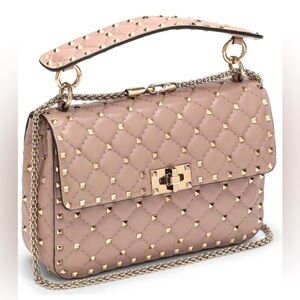 Valentino Rockstud Spike Nappa Leather Nude Blush Quilted Handle Shoulder Bag